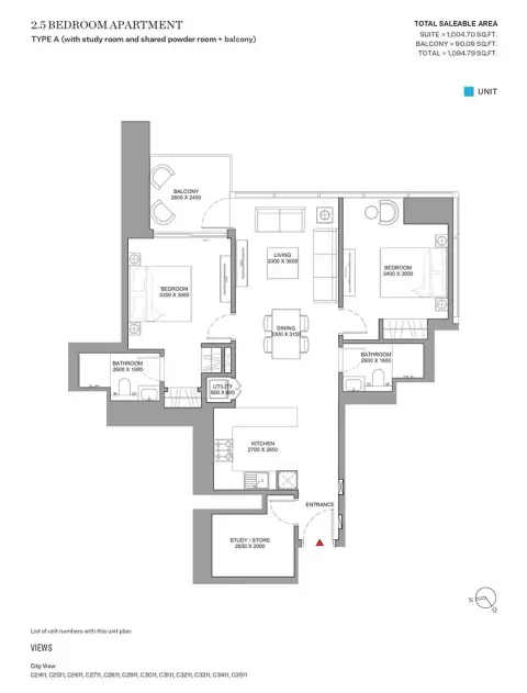 Sobha Skyscape Aura: Floor plan Type A, 1,094 sq ft