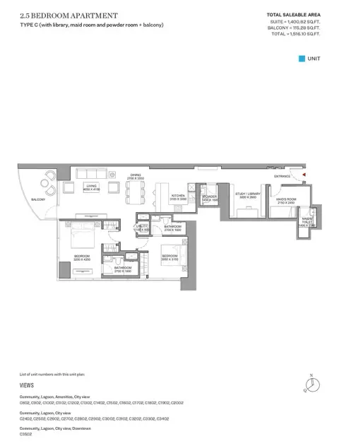 Sobha Skyscape Aura: Floor plan Type C, 1,516 sq ft