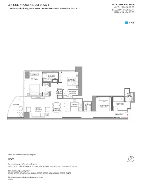 Sobha Skyscape Aura: Floor plan Type C  Variant 1, 1,513 sq ft