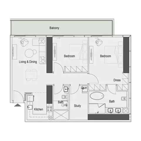 سييرا من إيمان: مخطط الطابق Type A, 1,264 sq ft