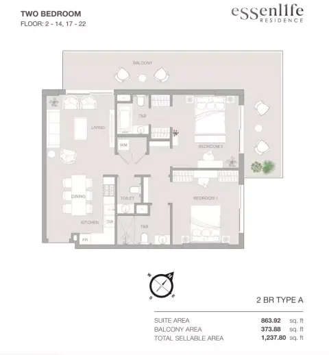 Essenlife: Floor plan Type A, 1,237 sq ft