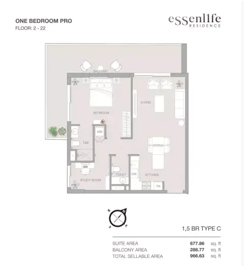 Essenlife: Floor plan Type C, 966 sq ft
