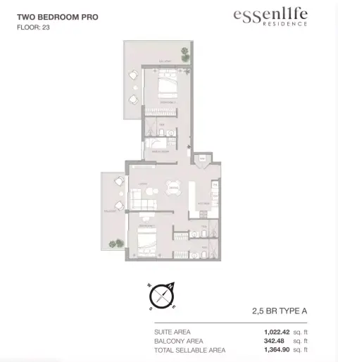 Essenlife: Floor plan Type A, 1,364 sq ft