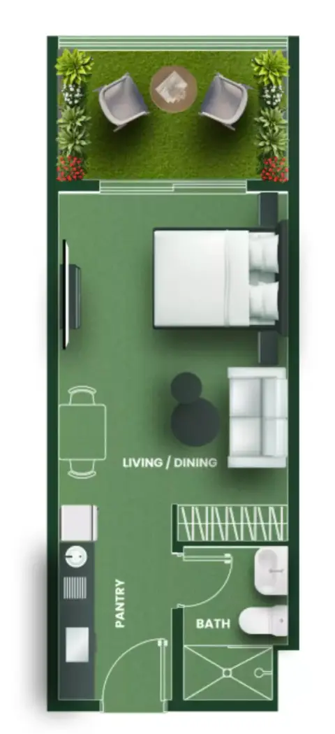 Vincitore Aqua Flora: Floor plan Type A, 399 sq ft