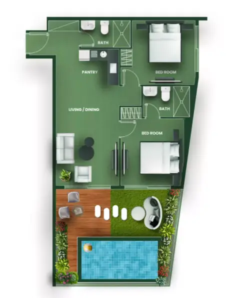 Vincitore Aqua Flora: Floor plan Type A, 1,054 sq ft