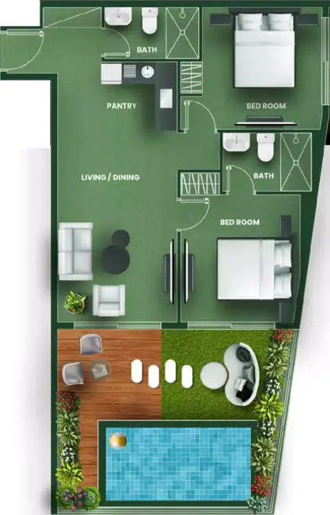 Vincitore Aqua Flora: Floor plan Type E, 1,060 sq ft