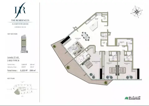 The Residences Al Habtoor Grand: Floor plan Type B, 3,223 sq ft
