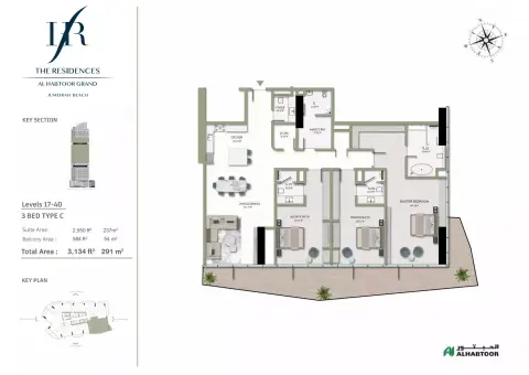 The Residences Al Habtoor Grand: Floor plan Type C, 3,134 sq ft