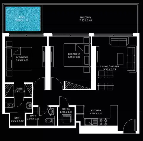 Diamondz: Floor plan Type A, 1,107 sq ft
