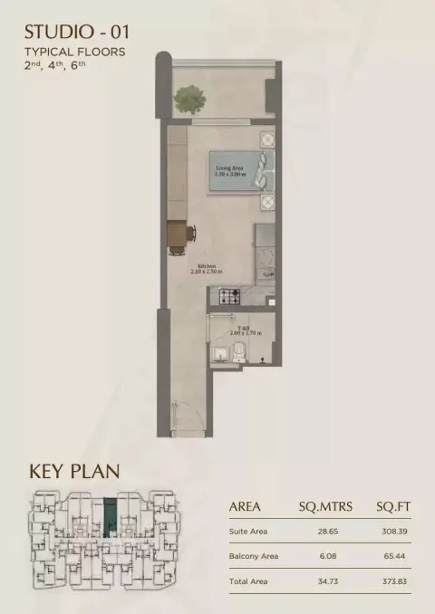 Elinor: Floor plan Type 01, 373 sq ft