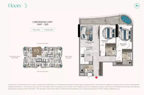 La Crystal: Floor plan UNIT - 303, 1,110 sq ft