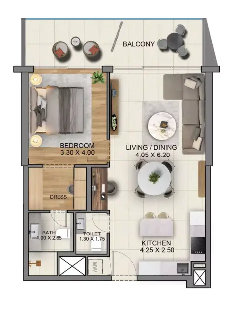 ماريوت ريزيدنسز من سابا: مخطط الطابق Type D, 887 sq ft