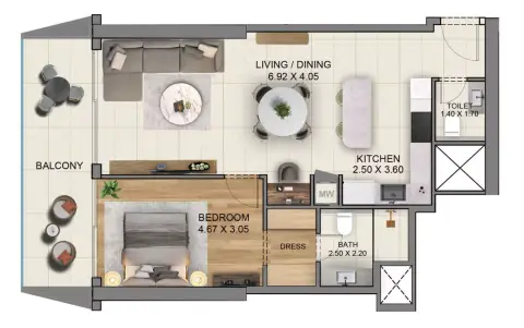 ماريوت ريزيدنسز من سابا: مخطط الطابق Type I, 971 sq ft
