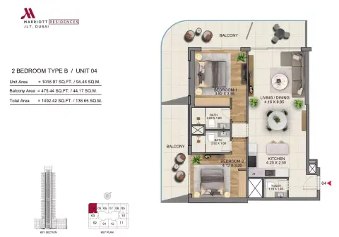 ماريوت ريزيدنسز من سابا: مخطط الطابق Type B, 1,492 sq ft