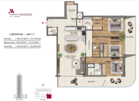 ماريوت ريزيدنسز من سابا: مخطط الطابق Type B, 2,194 sq ft