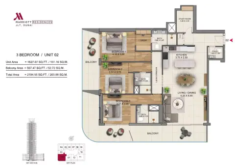 ماريوت ريزيدنسز من سابا: مخطط الطابق Type A, 2,194 sq ft