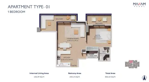 Manam Pearl: Floor plan Type 01, 835 sq ft