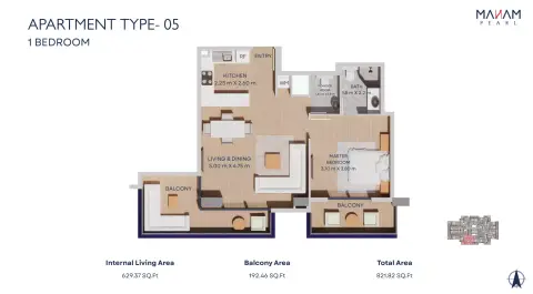 Manam Pearl: Floor plan Type 05, 821 sq ft