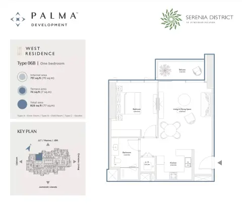 The West Residence at Serenia District: Floor plan Type 06B, 825 sq ft