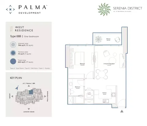 The West Residence at Serenia District: Floor plan Type 08B, 830 sq ft