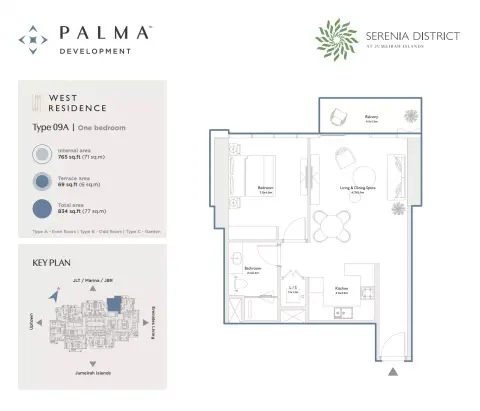 The West Residence at Serenia District: Floor plan Type 09A, 834 sq ft