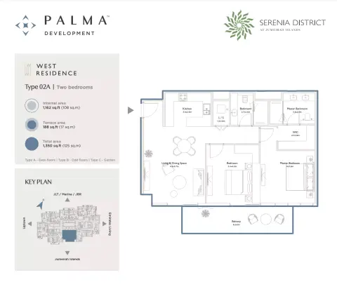 The West Residence at Serenia District: Floor plan Type 02A, 1,350 sq ft
