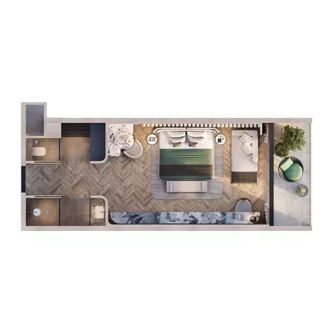 Artist Hotel: Floor plan Type A, 1,290 sq ft