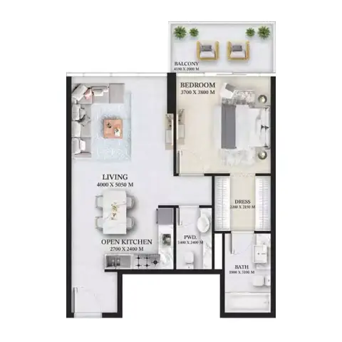 Wellington Ocean: Floor plan Type A, 840 sq ft