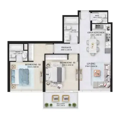 Wellington Ocean: Floor plan Type A, 1,060 sq ft