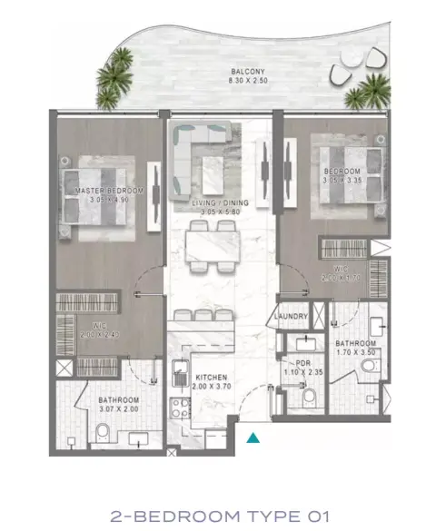 Damac Lagoons Views Phase 3: Floor plan Type 1, 1,298 sq ft