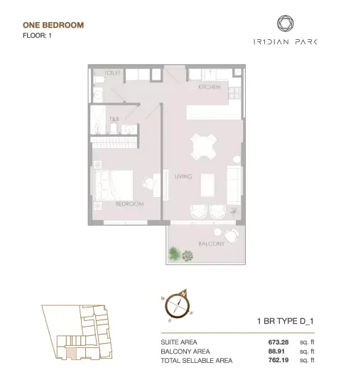IR1DIAN Park: Floor plan Type D-1, 762 sq ft