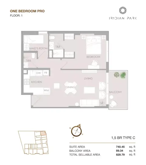 IR1DIAN Park: Floor plan Type C, 829 sq ft