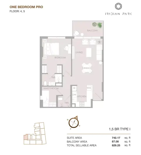 IR1DIAN Park: Floor plan Type I, 829 sq ft