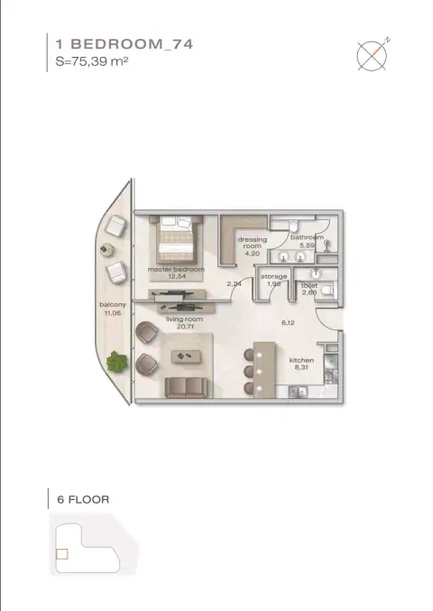 Zephyra: Floor plan 1 Bedrooms _74, 807 sq ft