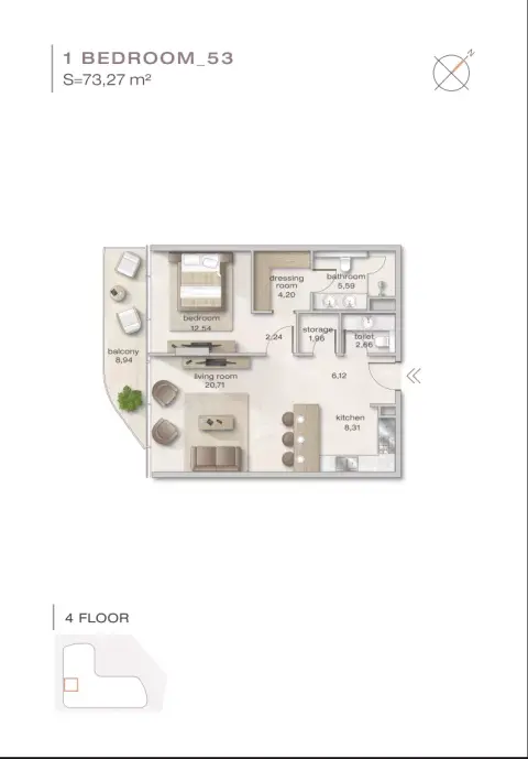 Zephyra: Floor plan 1 Bedrooms _53, 785 sq ft