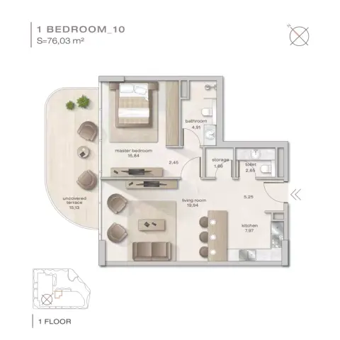 Zephyra: Floor plan 1 Bedrooms _10, 818 sq ft