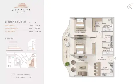Zephyra: Floor plan 2 Bedrooms _ 29, 1,258 sq ft