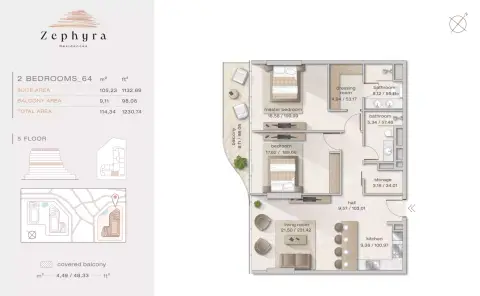 Zephyra: Floor plan 2 Bedrooms _64, 1,230 sq ft