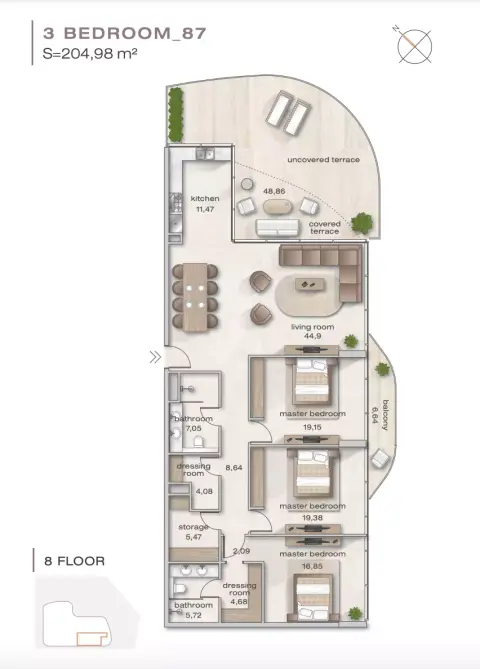 Zephyra: Floor plan 3 Bedroom_87, 2,195 sq ft
