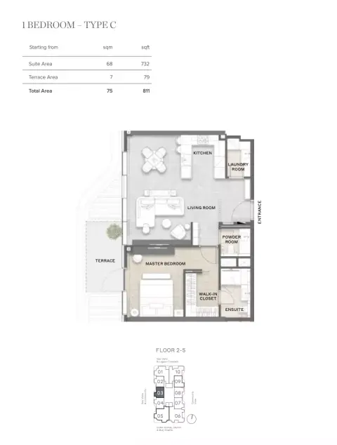 Avida Residences: Floor plan Type C, 811 sq ft