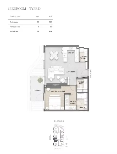 Avida Residences: Floor plan Type D, 814 sq ft