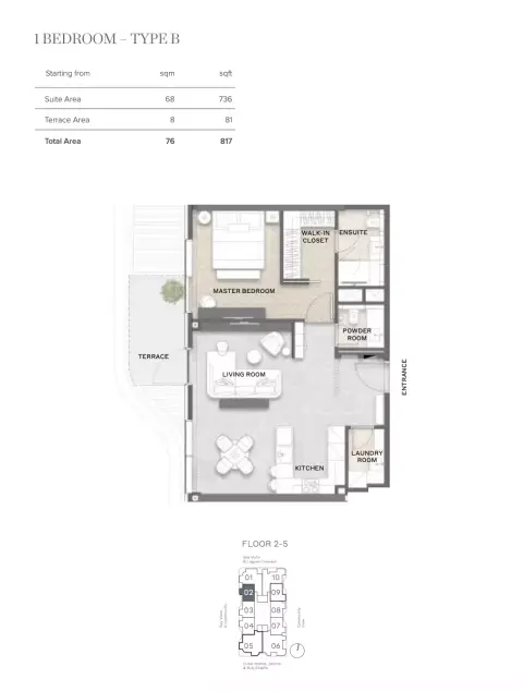 Avida Residences: Floor plan Type B, 817 sq ft