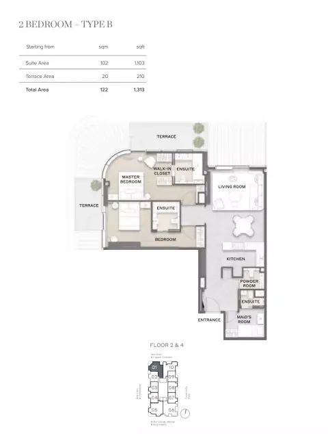Avida Residences: Floor plan Type B, 1,313 sq ft