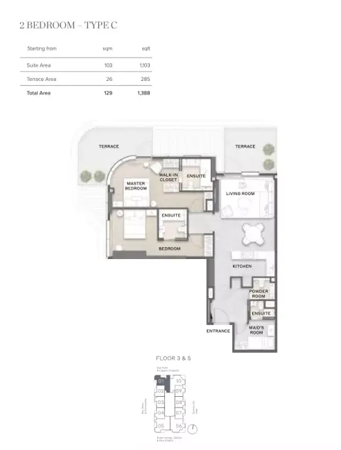Avida Residences: Floor plan Type C, 1,388 sq ft
