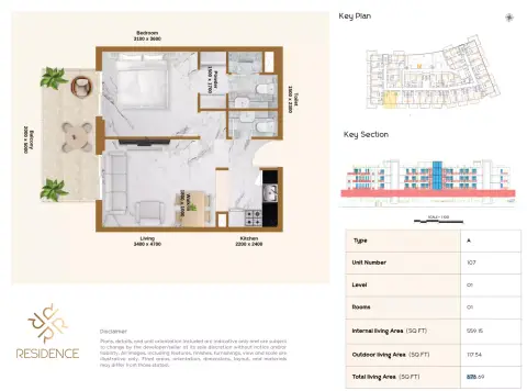 RR Residence: Type 107, 676 sq ft 户型图