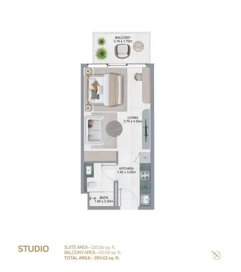 Lawncrest: Floor plan Type 1, 390 sq ft