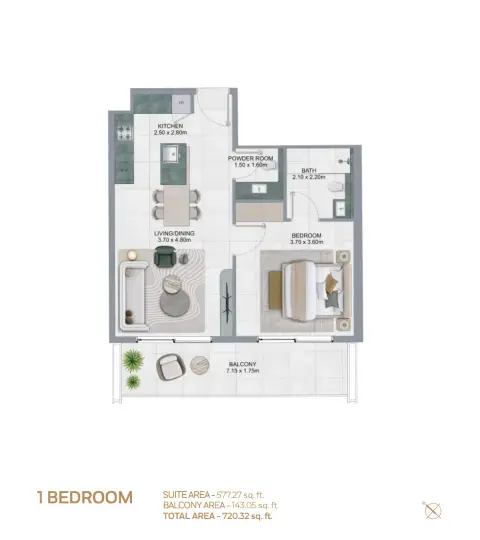 Lawncrest: Floor plan Type 1, 720 sq ft