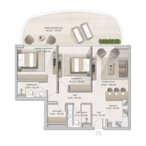 Zephyra Residences 2: Floor plan Type 1, 1,244 sq ft
