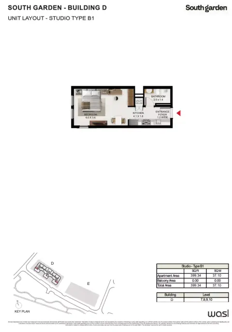 South Garden D: Floor plan Type B1, 399 sq ft