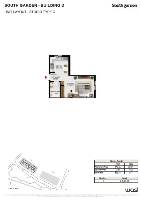 South Garden D: Floor plan Type C, 412 sq ft